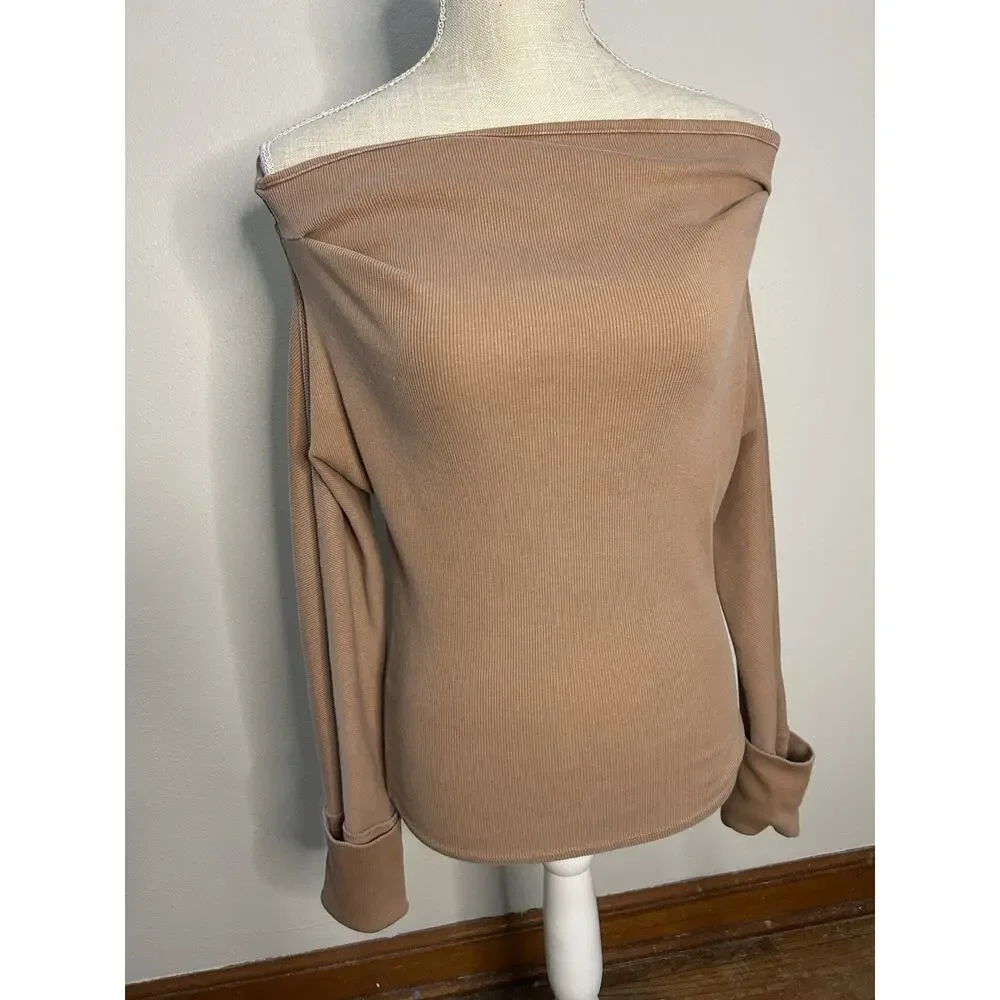 Free People We The Free Tan Off-the-Shoulder Ribbed Thermal Shirt Womens S
